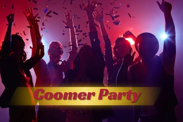 A vibrant, exclusive Coomer Party with adults enjoying sophisticated entertainment in an elegant venue.